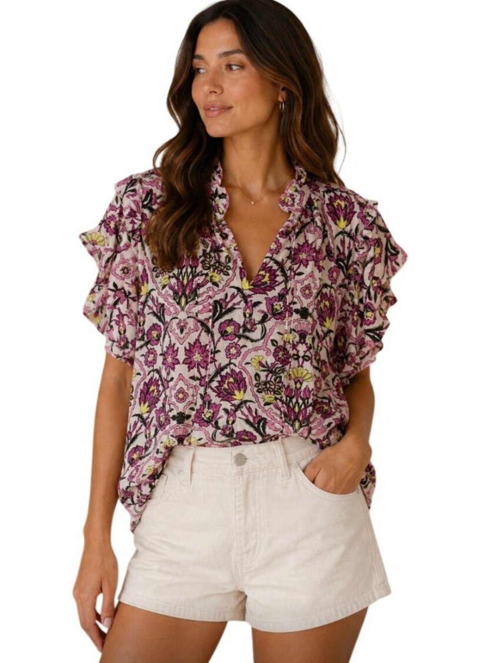Maria Cher Silk Ruffle Blouse Floral Print  - Size M